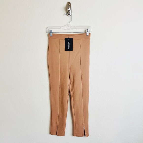 NWT PrettyLittleThing Camel Brown High Waisted Crepe Split Hem Trouser Pants - Picture 1 of 12